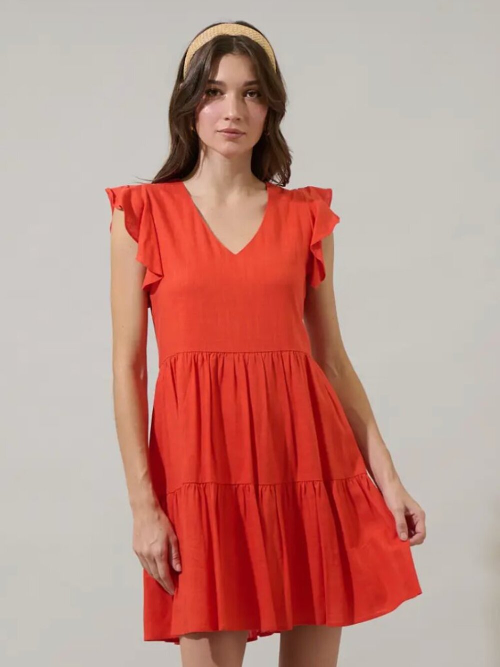 Goodthreads • red flutter sleeve tiered linen mini dress